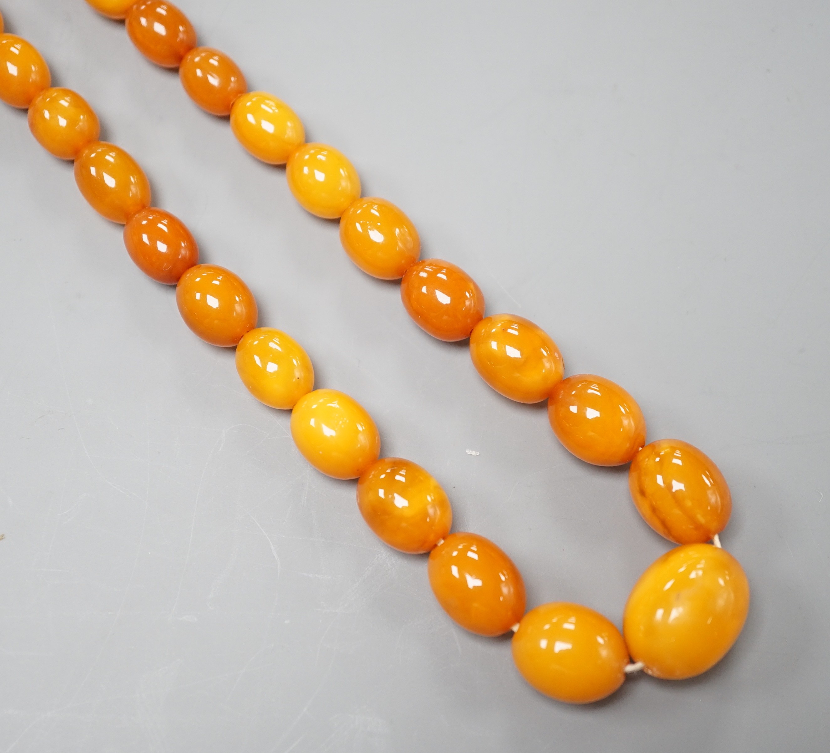 A single strand graduated oval amber bead necklace, 72cm gross weight 42 grams.